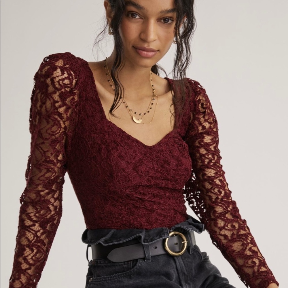 Anthropologie Long Sleeve Sweetheart Lace Top